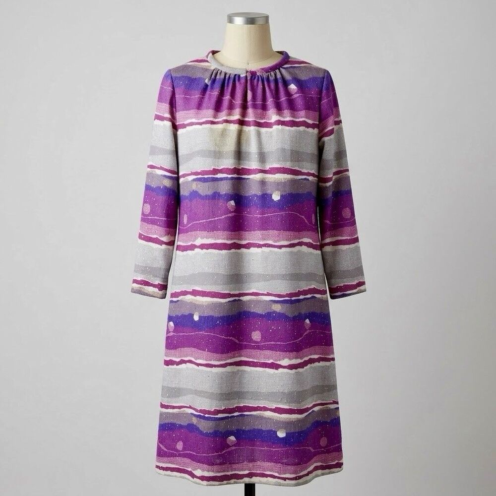 Vintage 60s 70s British Lady Dress 16½ Purple Abstract Stripe ILGWU Mod Midi